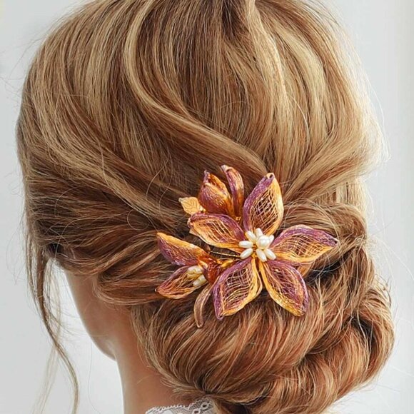 Accessories - Flower Bridal Hair Clip Gold Purple Pearl Wedding Party Hair Accessories Women G